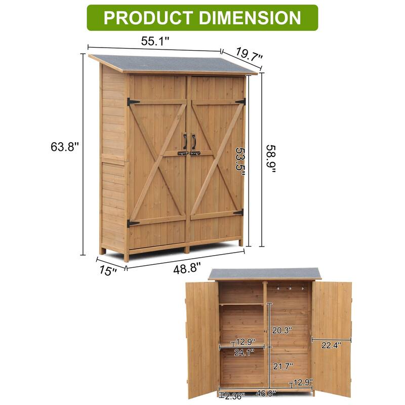 Shed Outdoor Storage Cabinet Wooden Garden Sheds, Outside Tool Organizer with Waterproof Roof, Shelves and Lockable Door
