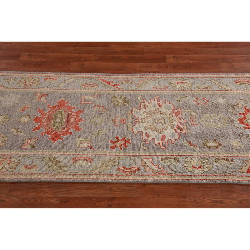 Hand Knotted Oriental 100% Wool Carpet Transitional All-Over Greys & Charcoal Oushak Runner Rug - 9' 9'' X 2' 8''