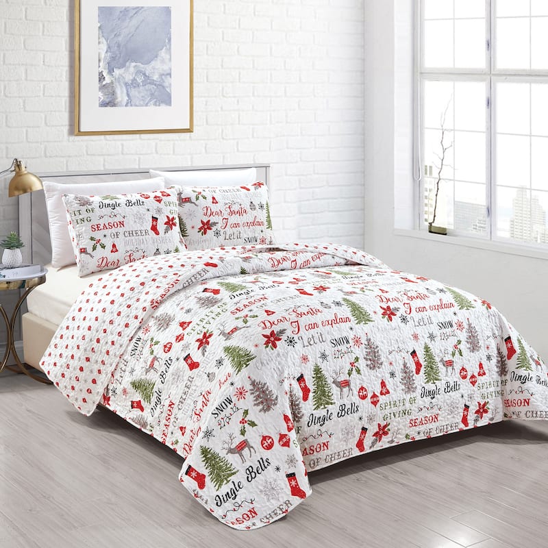 Premium Holiday Printed Microfiber Quilt Set With Shams