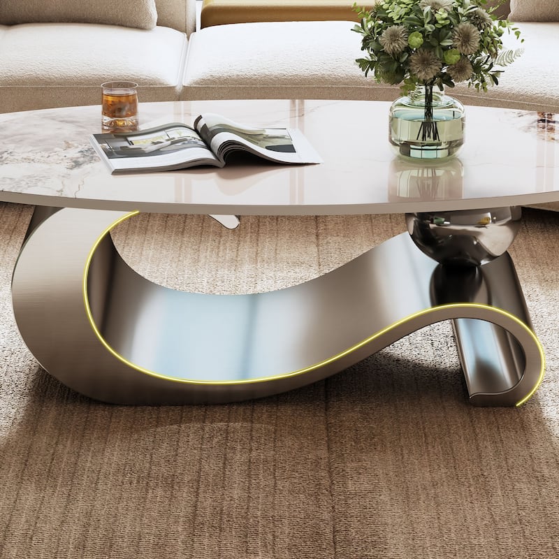 49.2" Faux Marble Oval Coffee Table, Contemporary Stainless Steel Base, Modern Center Table For Living Room