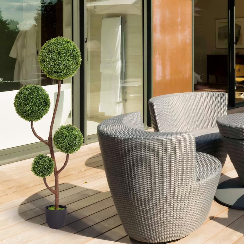 GDFStudio - Emeric Faelan Artificial Boxwood Topiary Tree with Triple Ball Design Faux Plant - Green