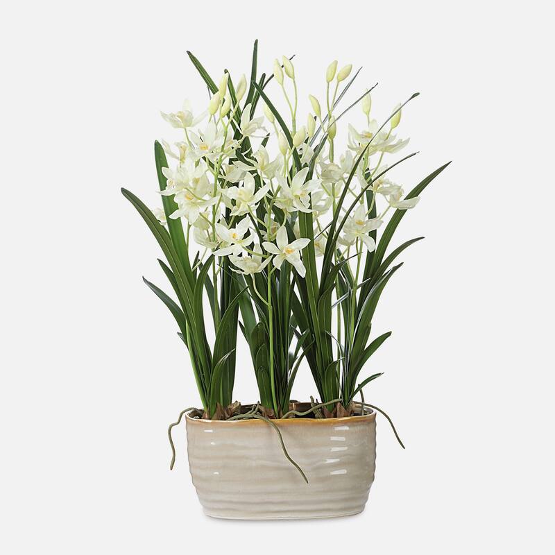 Artificial Cymbidium Orchids Centerpiece in a Glossy Planter - 24.25" - White and Green