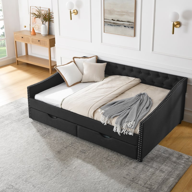 Full Size Daybed with Drawers Upholstered Tufted Sofa Bed,with Button on Back and Copper Nail on Waved Shape Arms