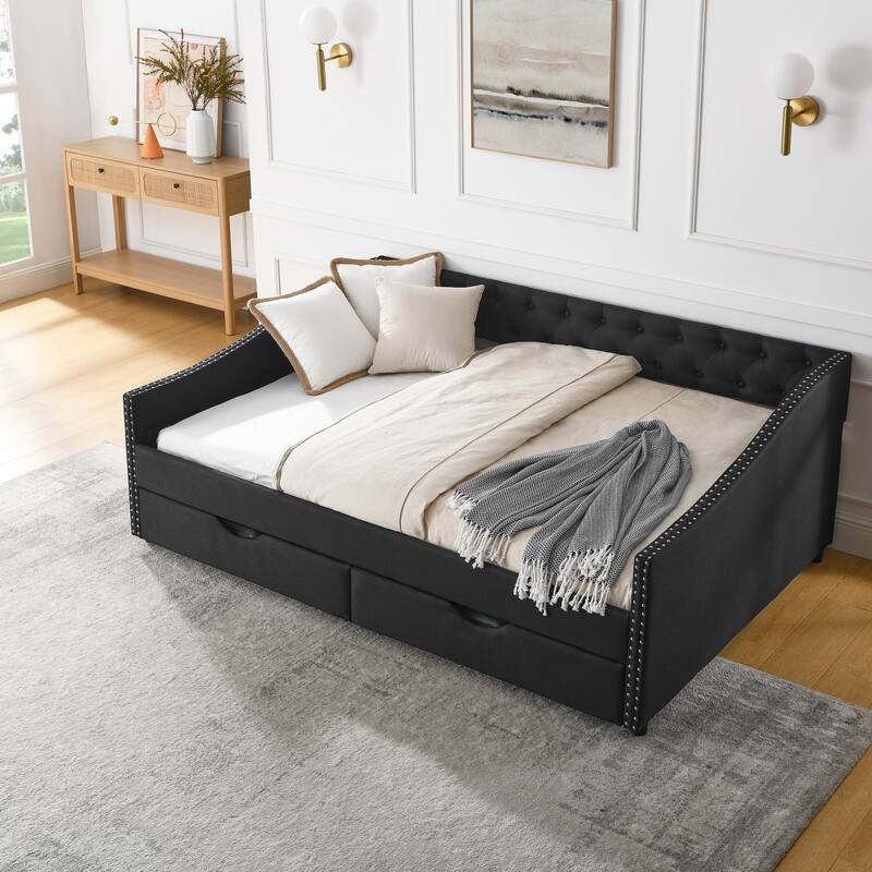 Tufted Button Daybed with 2 Storage Drawers/Upholstered Sofa Bed Frame w/Copper Nail on Waved Shape Armrests/No Spring Box Need - Black - Full