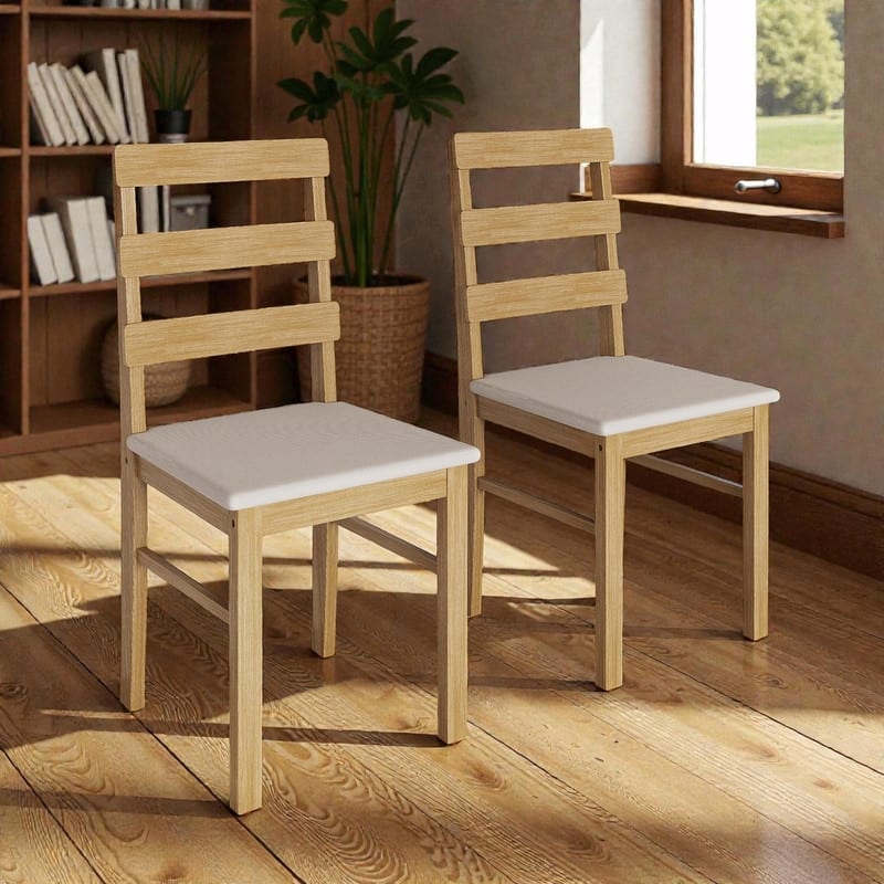 Scandinavian Wooden Dining Chairs with Three Horizontal Back, Upholstered Seat Dining Chairs, Set of 2