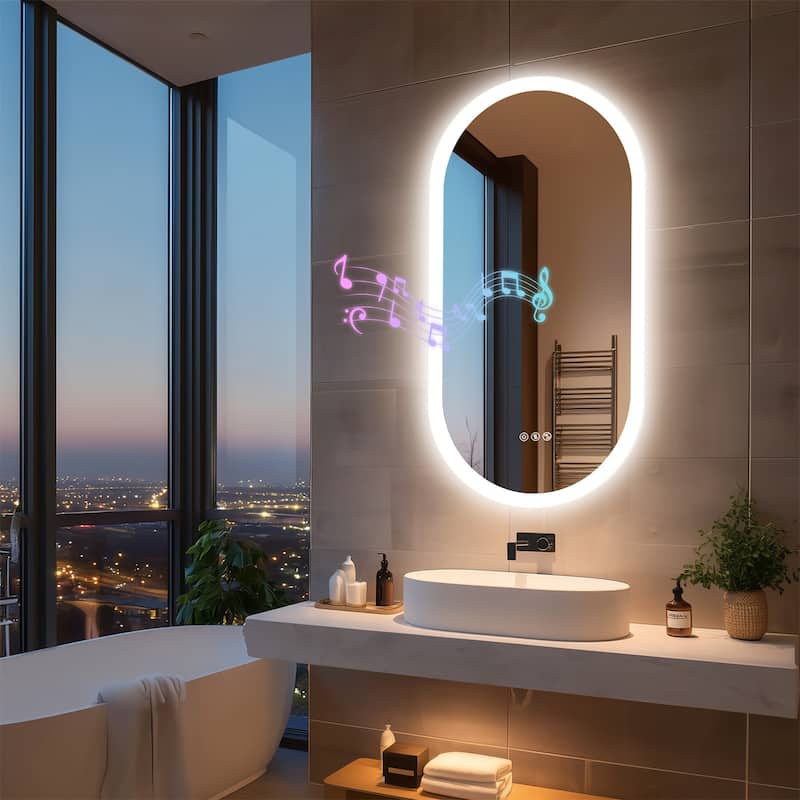 Oblong Bluetooth Led Lighted Bathroom Makeup Mirror Tempered Glass Backlit Vanity Mirror - 19.69" x 39.37"