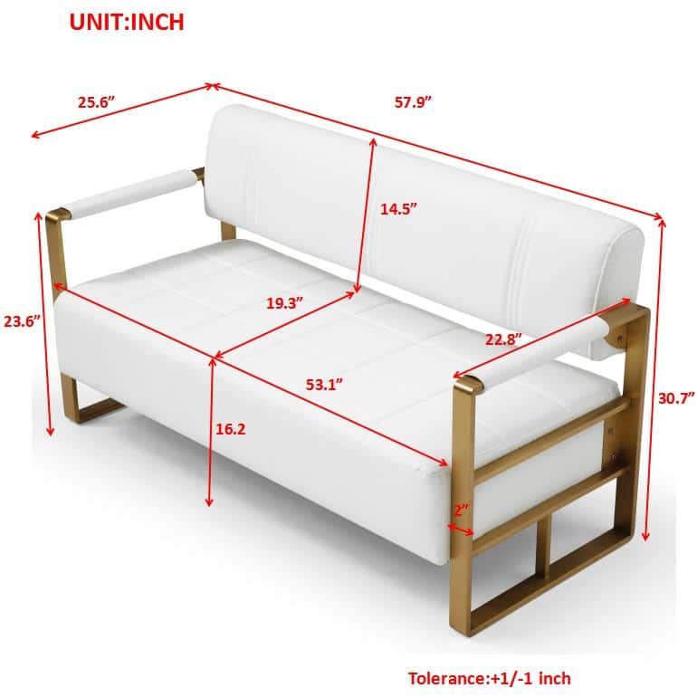 Upholstery Faux Bonded Leather Loveseat Sofa with Golden Metal Arms