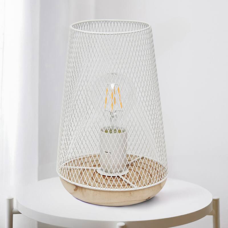Metal Open Cage Mesh Table Lamp with Pine Wood Base - 6 x 6 x 9 in. (L x W x H)