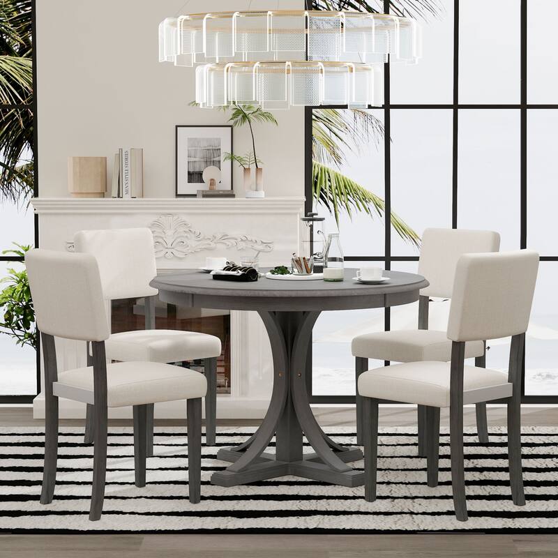 Retro 5-Piece Dining Set, Round Table with Curved Trestle Legs & 4 Upholstered Chairs, Taupe - Gray