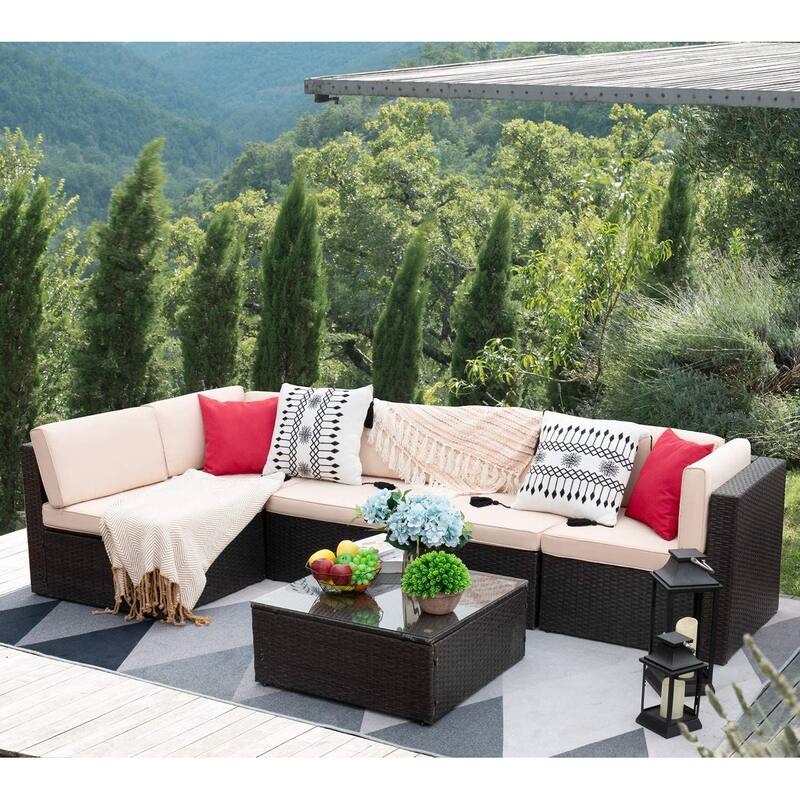 Homall 6 Pieces Patio Furniture Sets Outdoor Sectional Rattan Sofa Manual Weaving Wicker Patio Conversation Set