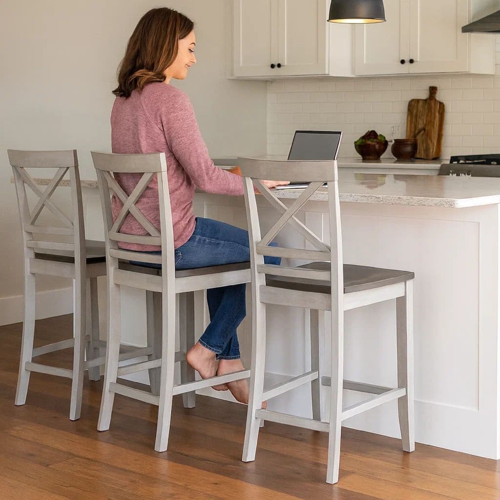 Brian 23 Inch Counter Chair Crossbuck Backrest Rustic Gray Wood Brown