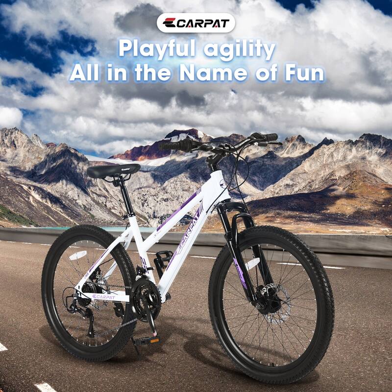 24 Inch Mountain Bike with 21 Speed, 100mm Front Suspension and Dual Disc Brakes, for Trail and Urban - White