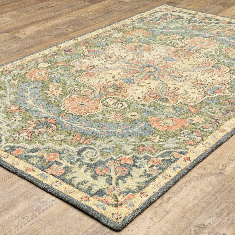 Abbeville Blue Green Hand-Tufted Wool Oriental Medallion Casual Traditional Area Rug - 5' X  8'