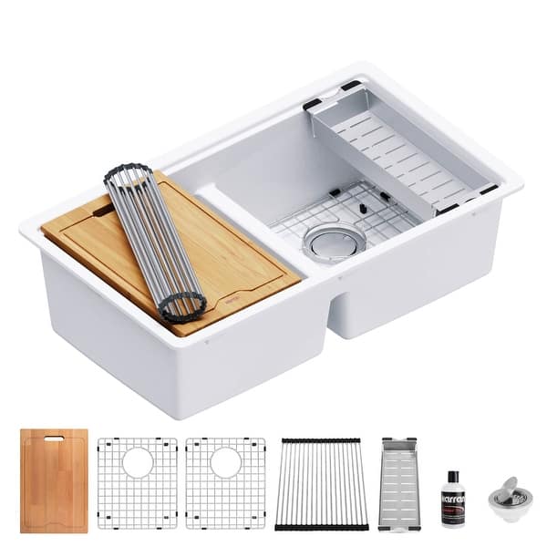 slide 2 of 16, Karran QUWS-880 Undermount 32-1/2 in. Double Equal 50/50 Bowl Workstation Kitchen Sink White
