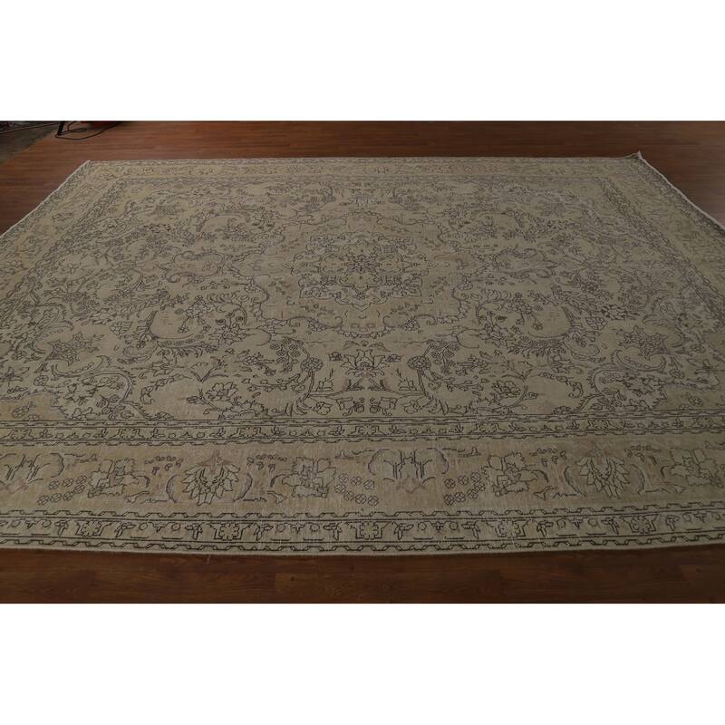 Floral Tabriz Persian Vintage Area Rug Handmade Beige Wool Carpet - 9'8" x 12'4"