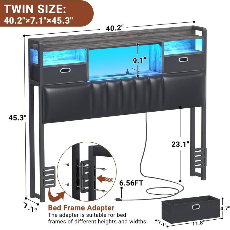 Upholstered Headboard with Drawer Storage and RGB LED Light, Sturdy Headboard with Charging Station ＆ Bookcase