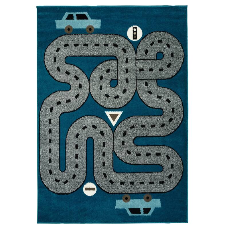 Wren Blue Race Track Children's Indoor Area Rug by Sevita - 3'6" x 5'6"