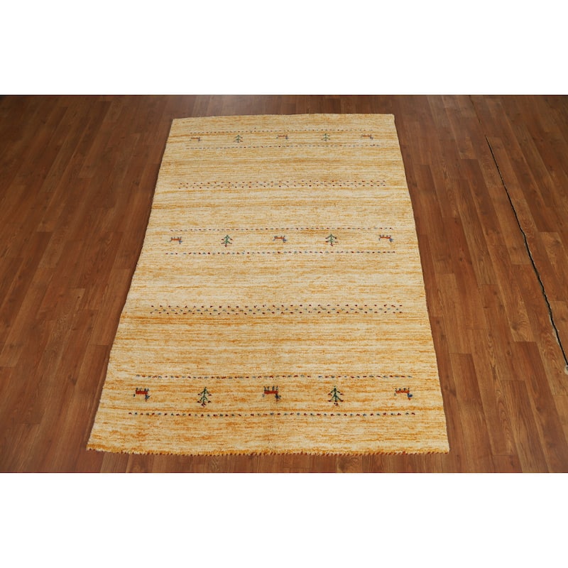 Hand Knotted Oriental 100% Wool Carpet Tribal Animal Pictorial Yellow & Gold Gabbeh Area Rug - 5' 8'' X 3' 11''
