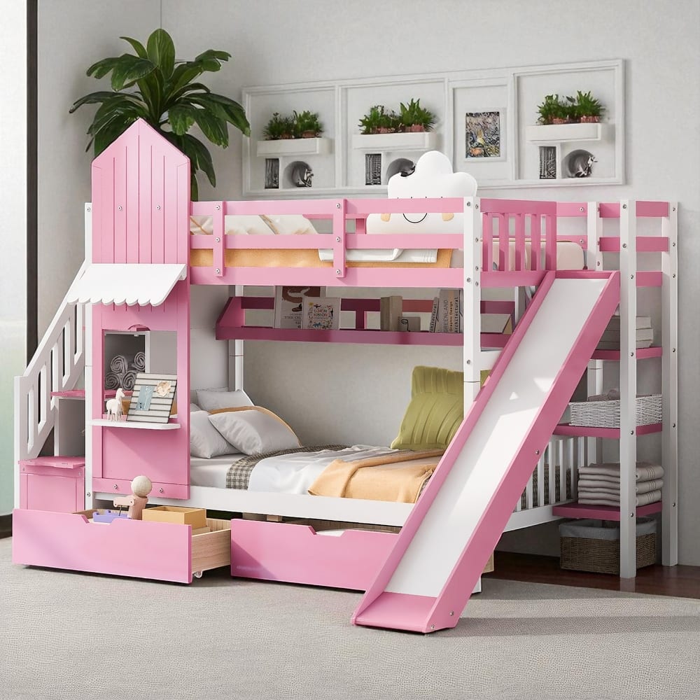 Castle Style Twin/Full Bunk Bed with Slide, 2 Drawers and 3 Shelves, Fence Design, Solid Wood Frame