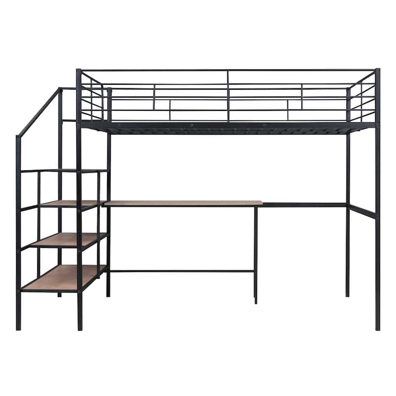 Metal Kids Loft Bed Frame, Under Bed with Desk and Storage Shelves, Lateral Storage Ladder & Slatted Guardrails