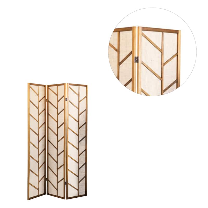 3 Panel Foldable Linen Screen in Walnut Finish
