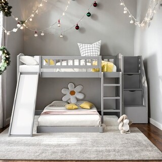 Modren Twin Over Twin Bunk Bed With Two Drawers With Convertible Ladder and Slide