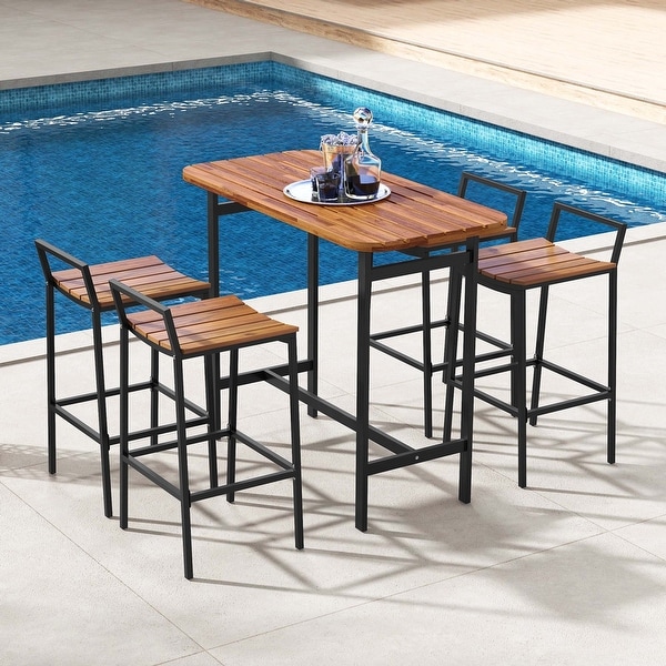 Costway 5 PCS Acacia Wood Bar Table Set Outdoor Bar Height Table