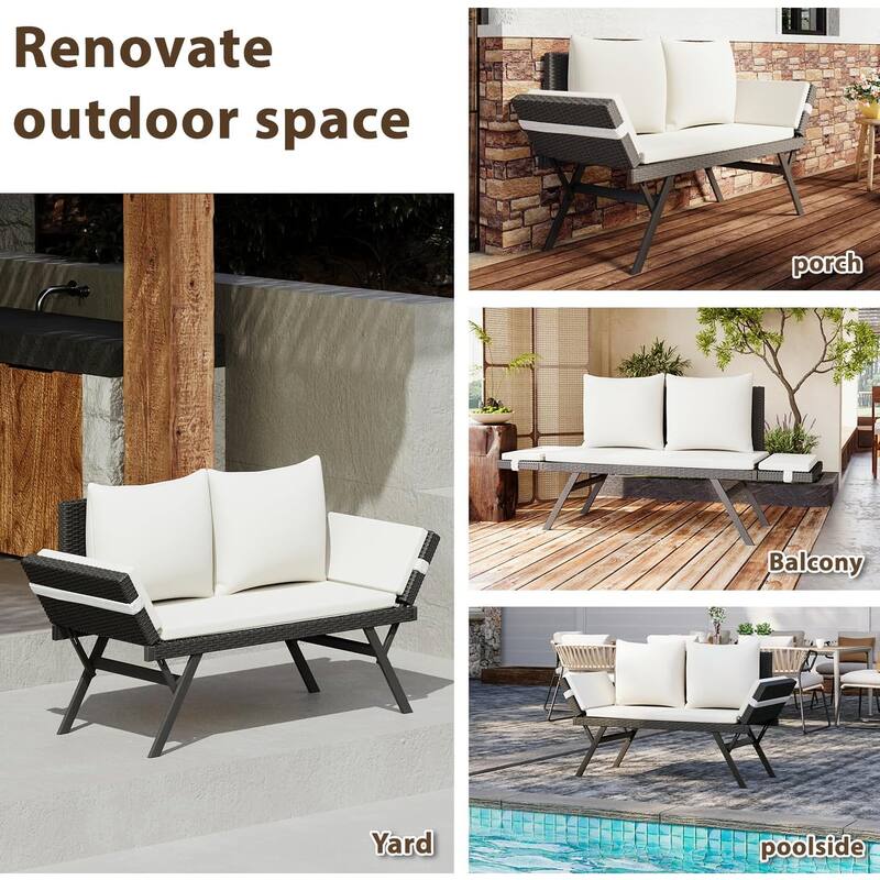 BOSSIN All-Weather Rattan Convertible Daybed - Outdoor Sofa w/ Adjustable Arms & Waterproof Cushions - Patio, Poolside, Porch