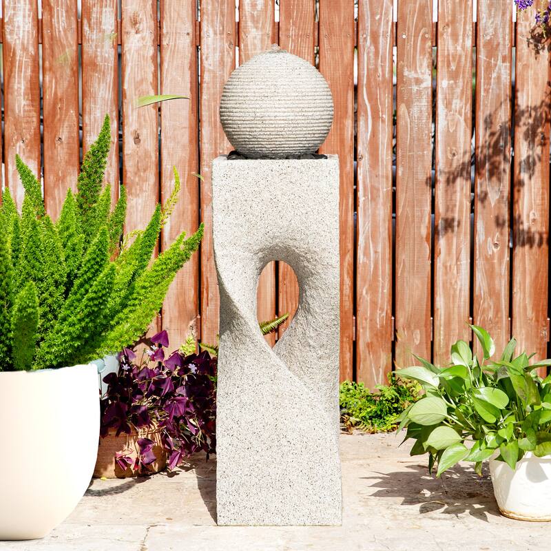 Glitzhome Modern Geometric Oversized Pedestal Sphere Polyresin Outdoor Floor Fountain with Pebbles - Off-White - 36.5"H