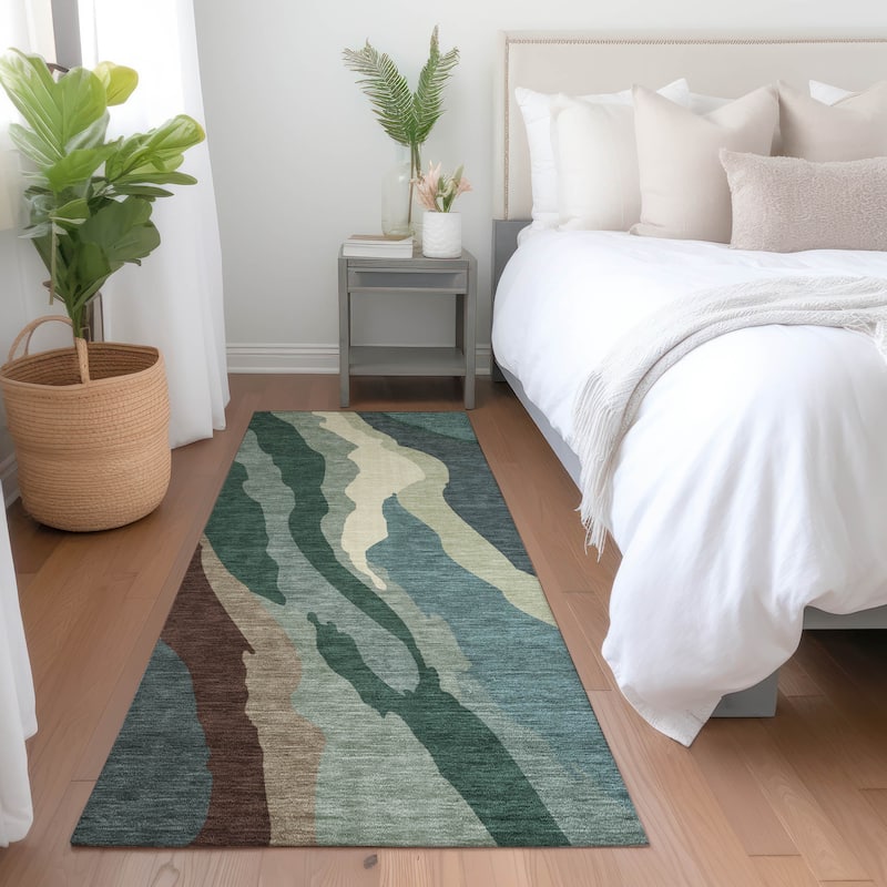 Machine Washable Indoor/ Outdoor Abstract Contemporary Chantille Rug - Sage - 2'3" x 7'6"