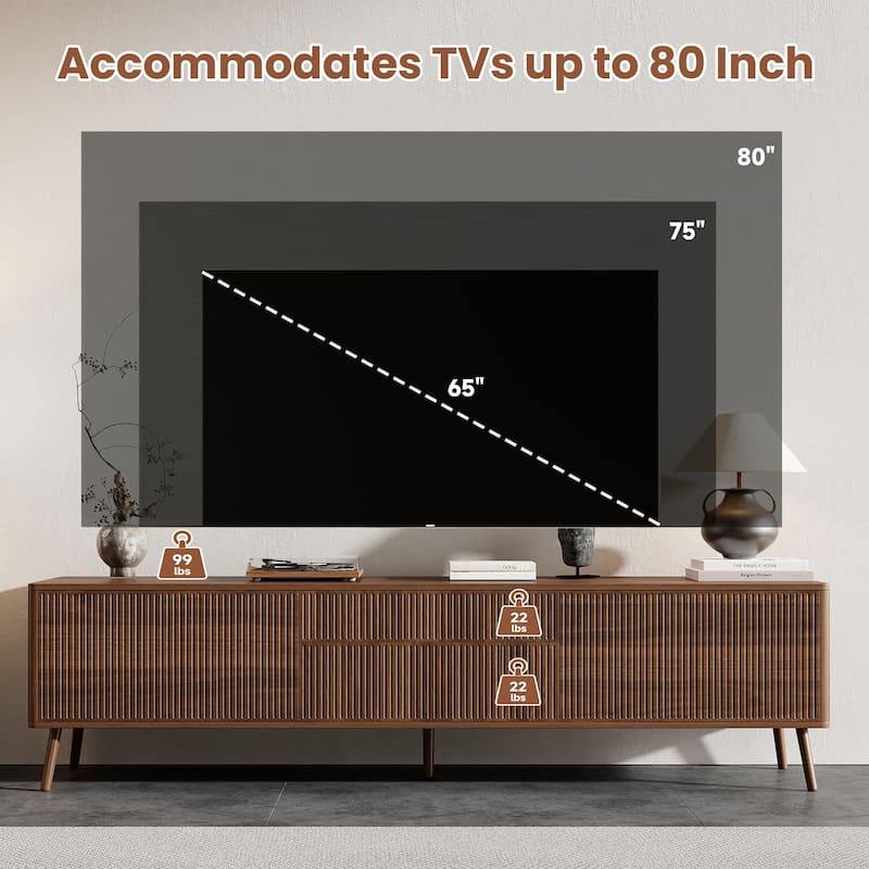 70" Fluted Modern TV Stand for 80" TVs, Entertainment Center with Soft-Close Drawers, Solid Wood Legs