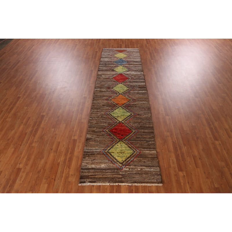 Geometric Moroccan Oriental Runner Rug Hand-Knotted Wool Carpet - 3'6" x 12'6"