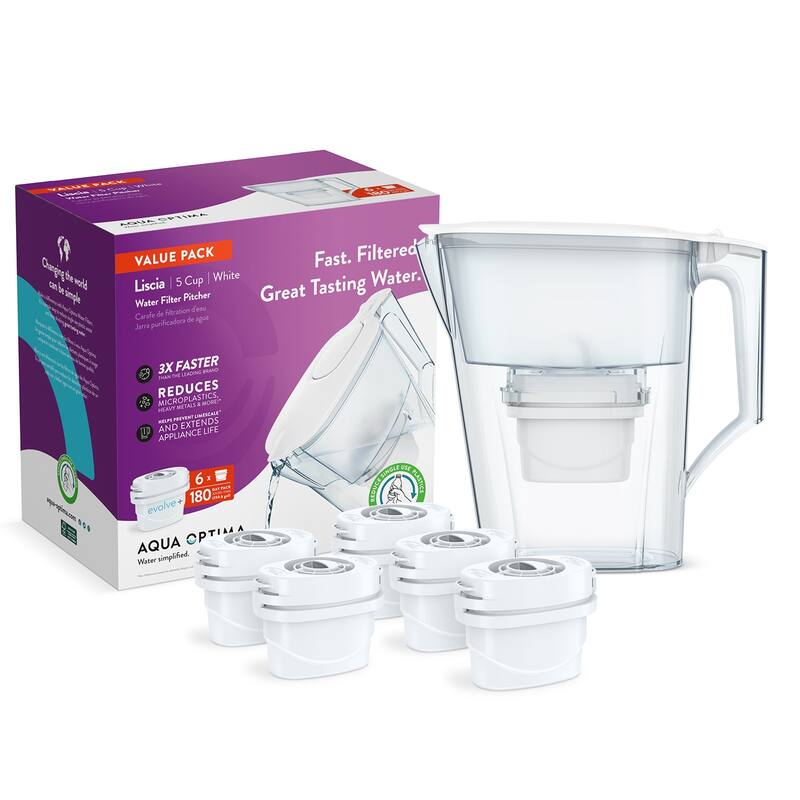 Aqua Optima Water Filter Pitcher Value Pack with 6 Evolve+ Filter, Liscia Design, White - 40 Gallon