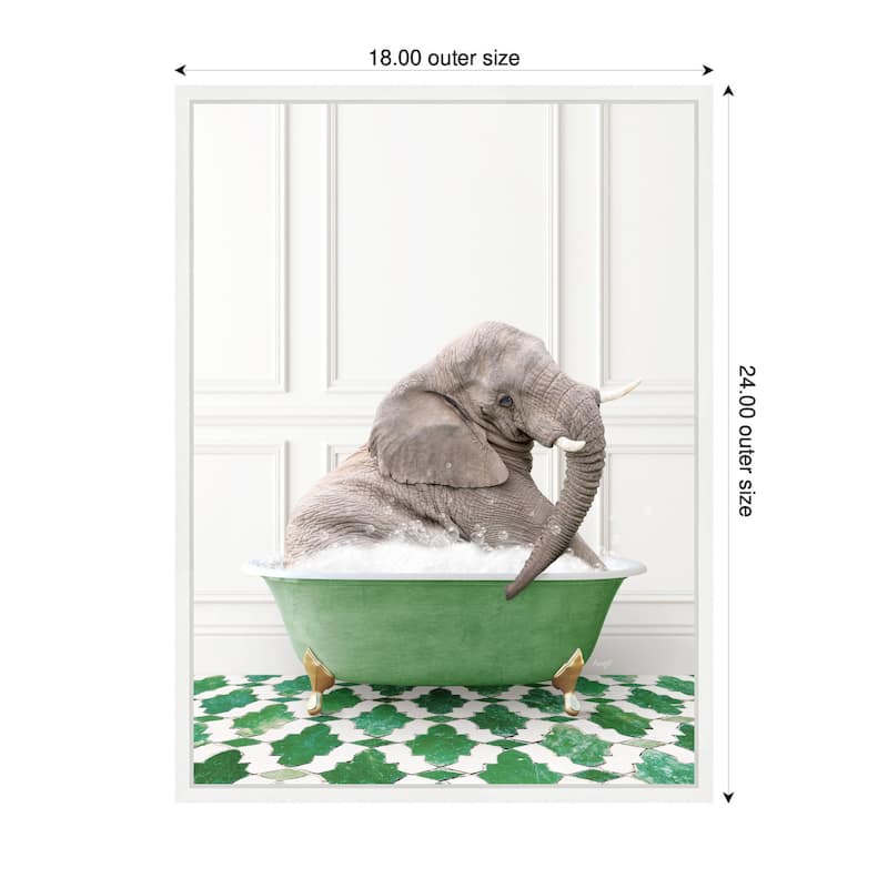 Kate and Laurel Sylvie Young Elephant in Eclectic Green Panel Wall Bathtub Framed Canvas by Amy Peterson