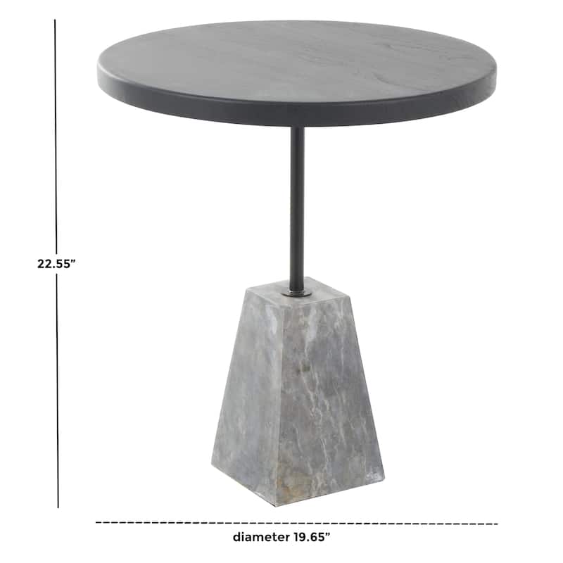 Wood Geometric Side End Accent Table with Gray Marble Pyramid Base - Black - Roche River Decor