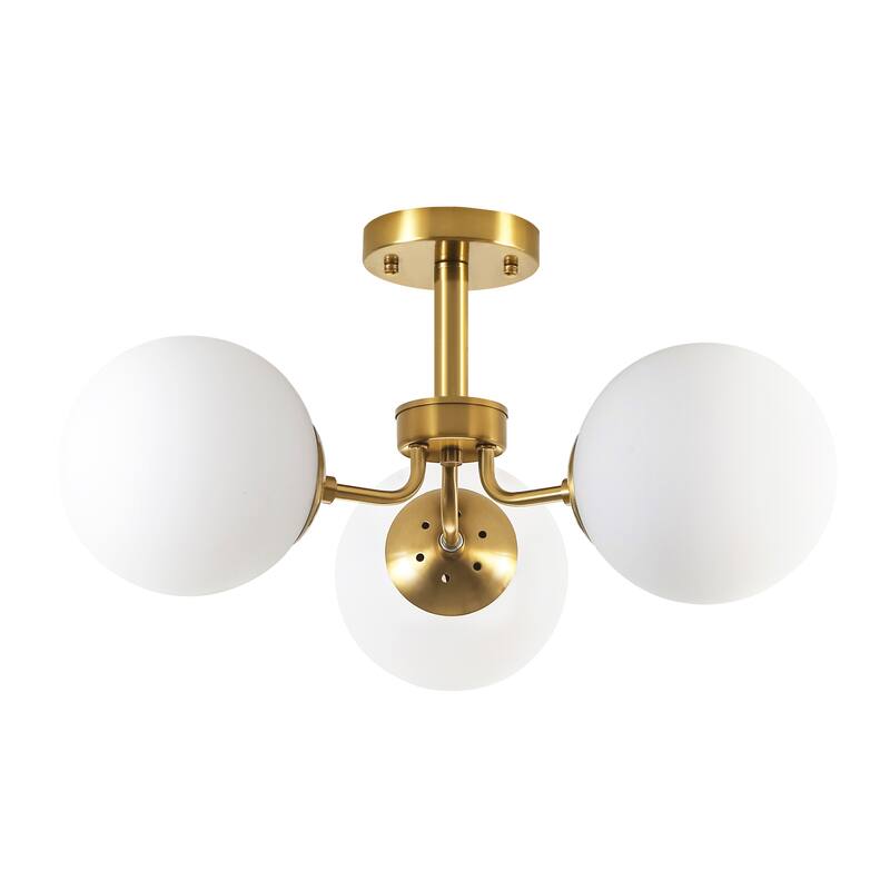 23.2" W 3-Light Bohemian Farmhouse Gold/White Sputnik Frosted Opal Bubble Glass Semi-Flush Mount Ceiling Light