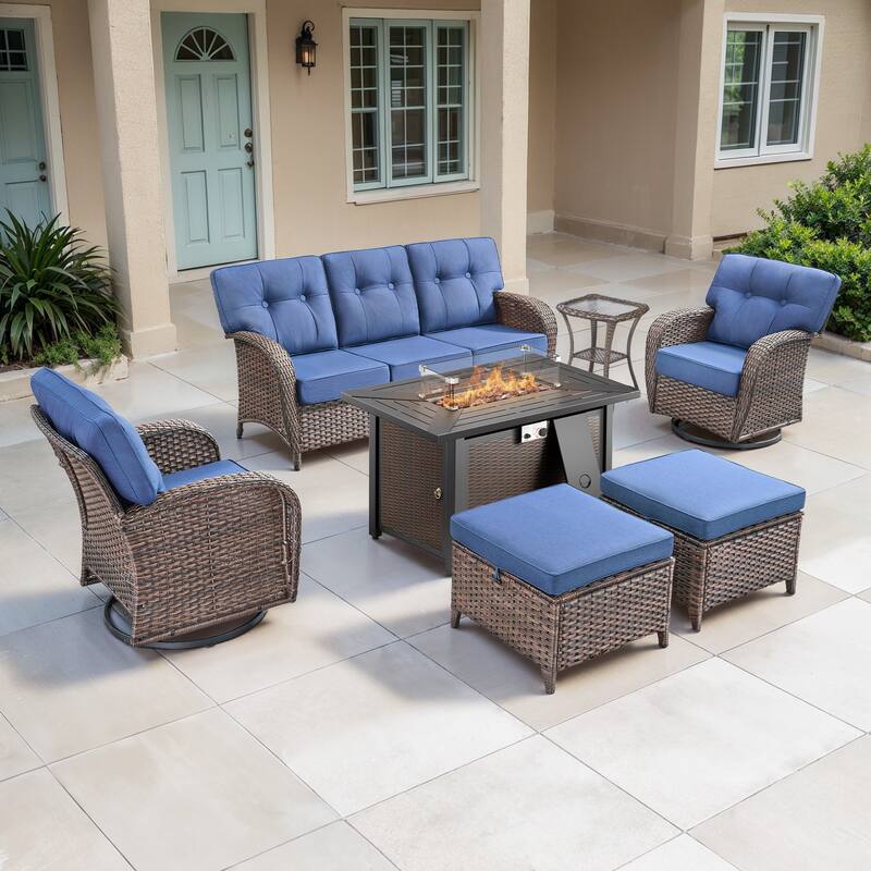 TWrap Wicker Patio Iron Fire Pit Conversation Set with 3-Seat Sofa & Swivel Gliders