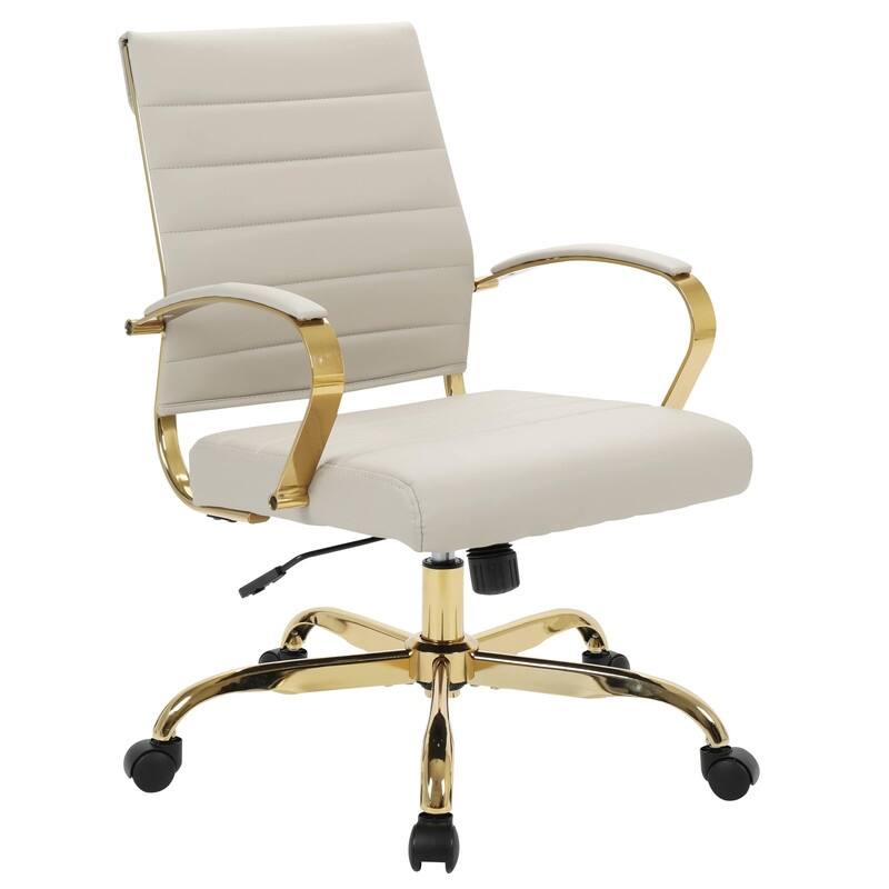 Benmar Mid-Back Leather Office Desk Chair in Gold Stainless Steel Frame Adjustable Height Tilt Lock 360 Swivel Ergonomic Chair - Tan