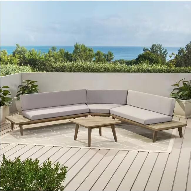 Roomfitters Outdoor 4-Piece V-Shaped Acacia Wood Sofa Set with Coffee Table, Gray Cushions - Gray