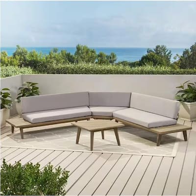 Roomfitters Outdoor 4-Piece V-Shaped Acacia Wood Sofa Set with Coffee Table, Gray Cushions