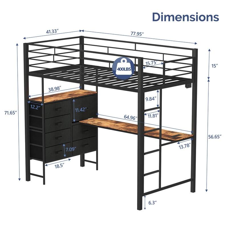Metal Loft bed with 1 Desk,7 drawers,LED Light,Charging Sockets and Ladder