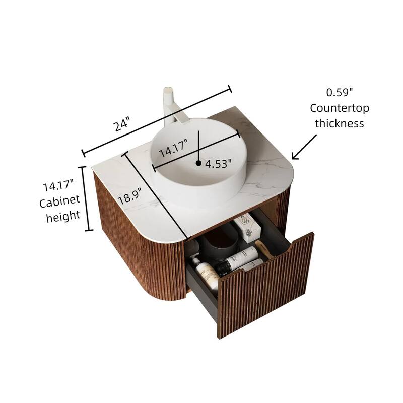 GDFStudio - Dina Modern 24" Floating Bathroom Vanity with Striped Curved Drawer & White Round Ceramic Basin, WITHOUT Faucet