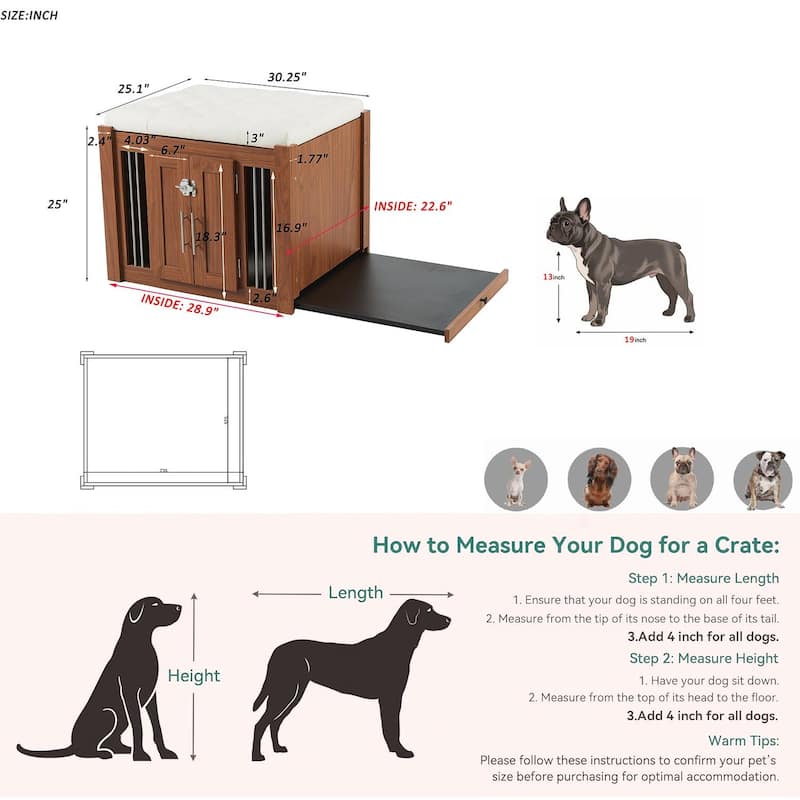‌30.25"L 2-in-1 Walnut Dog Crate with Padded Seat & Barn Door, Doubles as Ottoman with Removable Cushion.