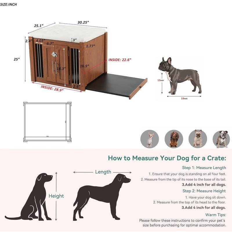 30.25"L, Furniture Style 2 in 1 Dog Crate with Padded Seat, Sliding Barn Door, Luxury Wooden Dog Kennel