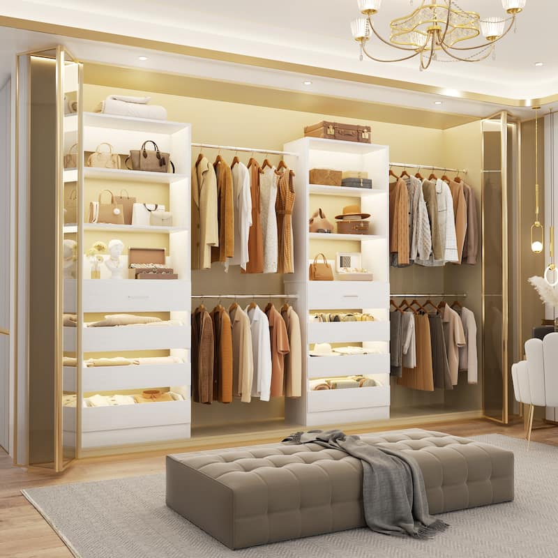 Qvella 95''-136'' W Closet System with 8 Wooden Drawers and 4 Hanging Rods, Walk-in Closet Organizer with 6 Storage Shelves
