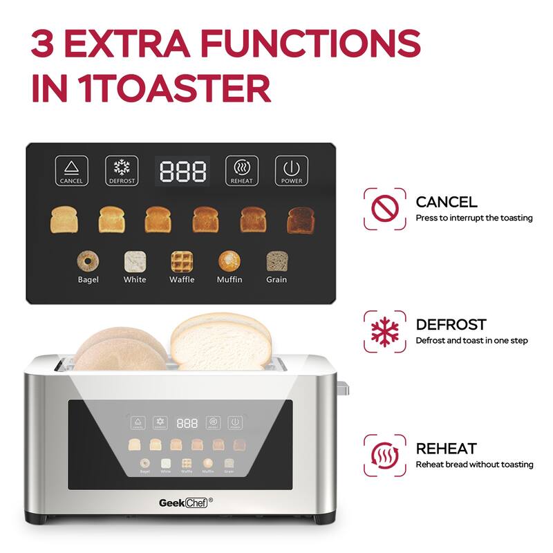 4 Slice Toaster with Extra Wide Slots, Stainless Steel Touch Screen Toaster with LED Display, Auto Shut Off
