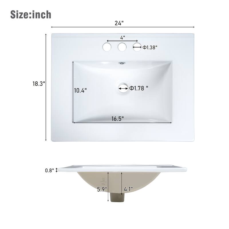 24 Inch Bathroom Vanity Cabinet with Ceramic Sink, 2 Drawers & Door, Bathroom Storage Cabinet Free-standing Single Sink Cabinet