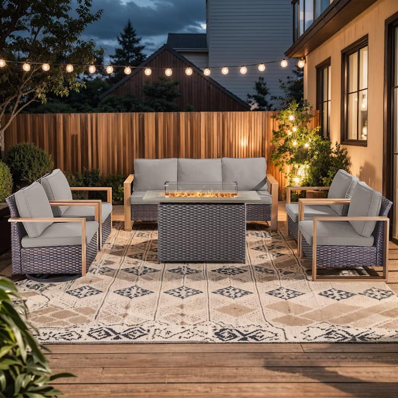 Pocassy 6 Pieces Outdoor Sofa Chair with Fire Pit Table Set - Gray cushion - Brown Wicker