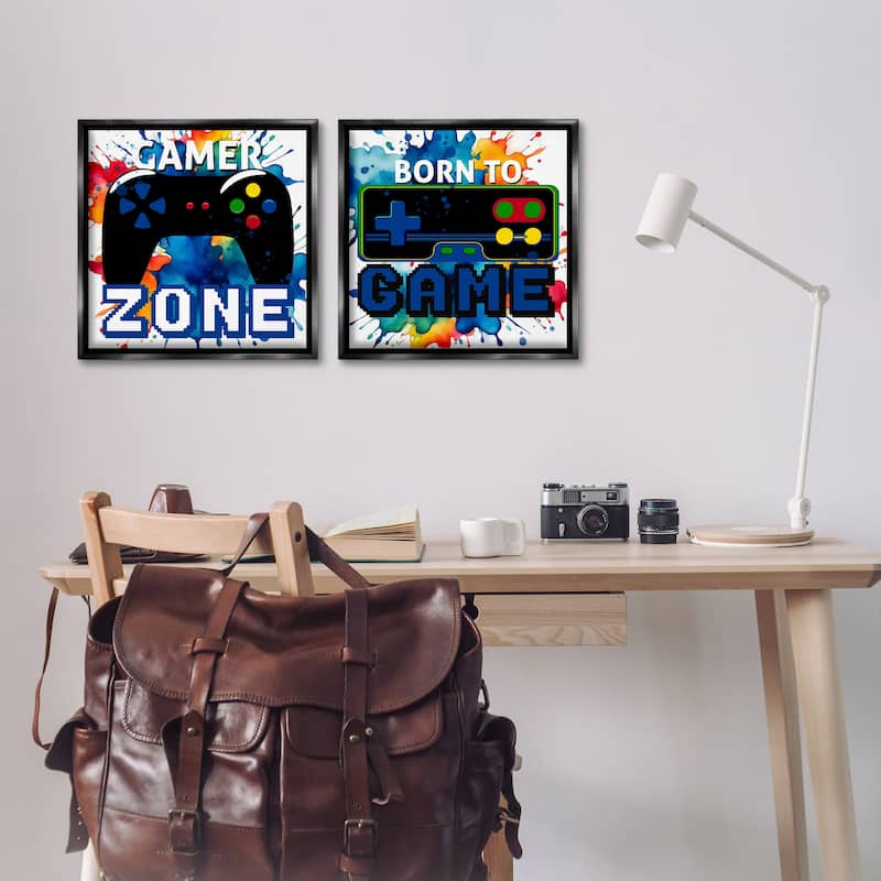 Stupell Gamer Zone on Splash Framed Floater Canvas Wall Art Design By Kim Allen (Set of 2)