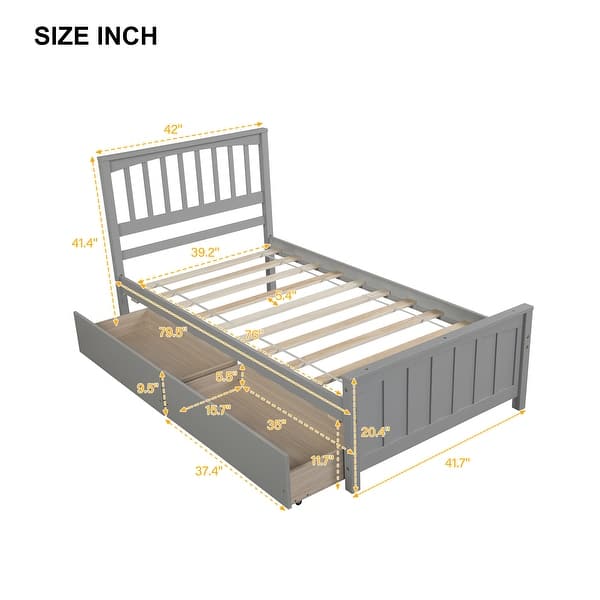 dimension image slide 0 of 2, Stylish Twin Size Wood Platform Bed with Trundle - Solid Construction, Available in White/Gray